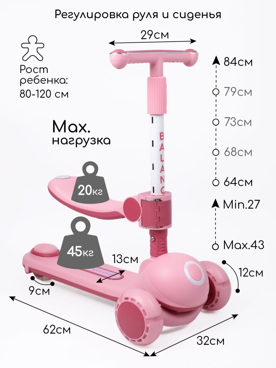 Самокат (кикборд) трехколесный Amarobaby Balance, розовый. Официальный сайт  AmaroBaby