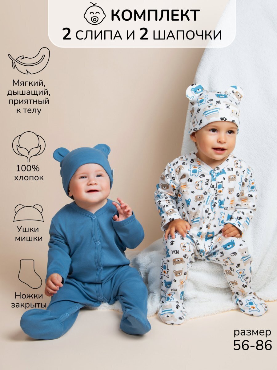 Комплект комбинезонов (слипов) детских с шапочкой Amarobaby Nature, синий/мишки