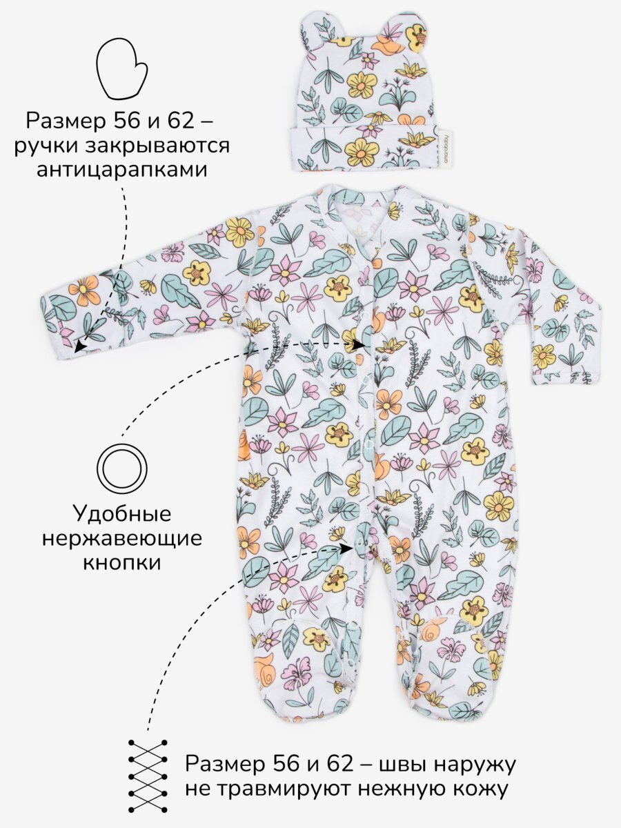 Комплект комбинезонов (слипов) детских с шапочкой Amarobaby Nature, мятный/цветы, размер 62-68