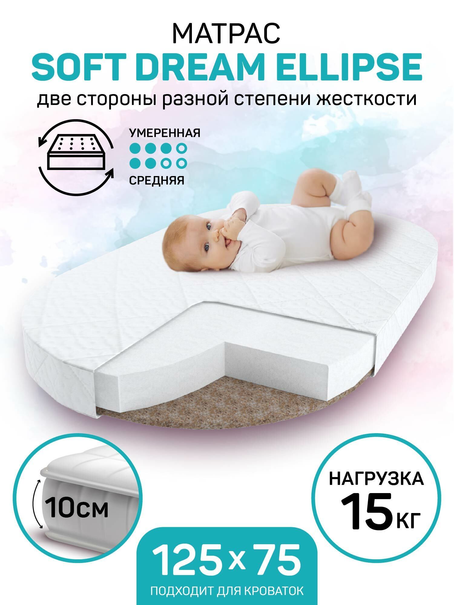 Матрас AmaroBaby со съемным чехлом, Soft Dream Ellipse 1250 x 750 х 100