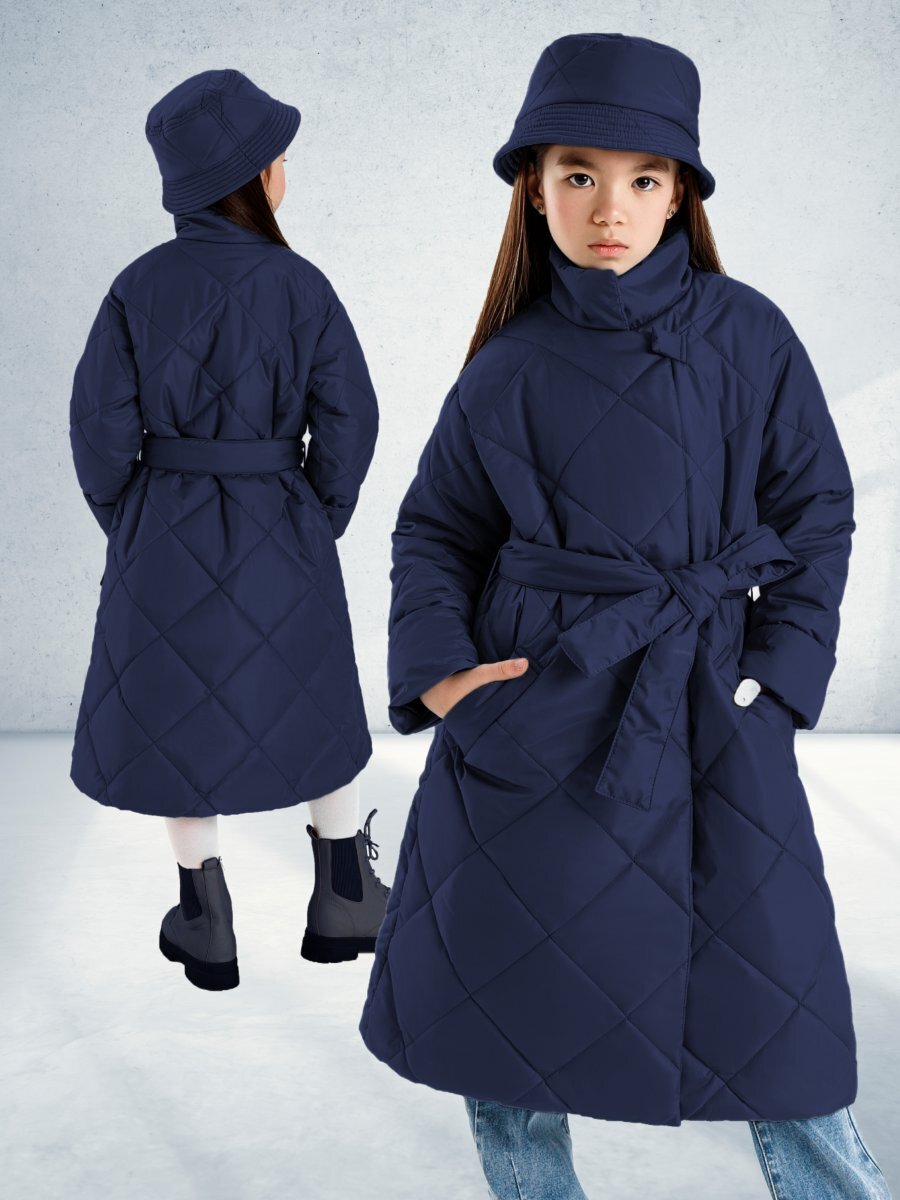 Пальто стёганое для девочек AmaroBaby TRENDY, синий, 134-140