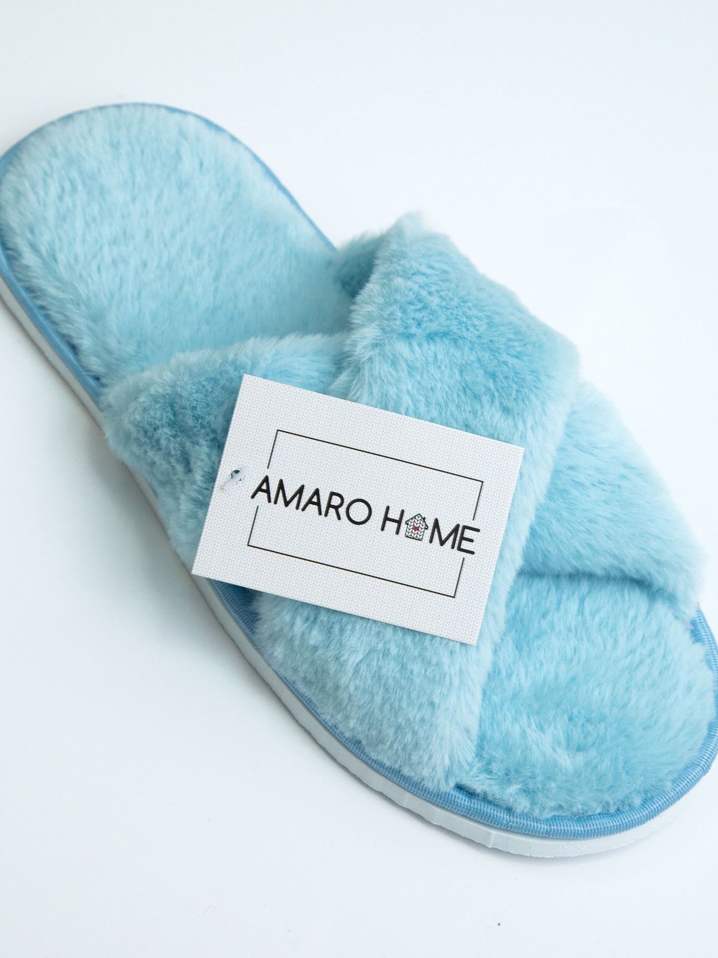 Тапочки женские Мех крест AMARO HOME Открытый нос  (Голубой) 36-38