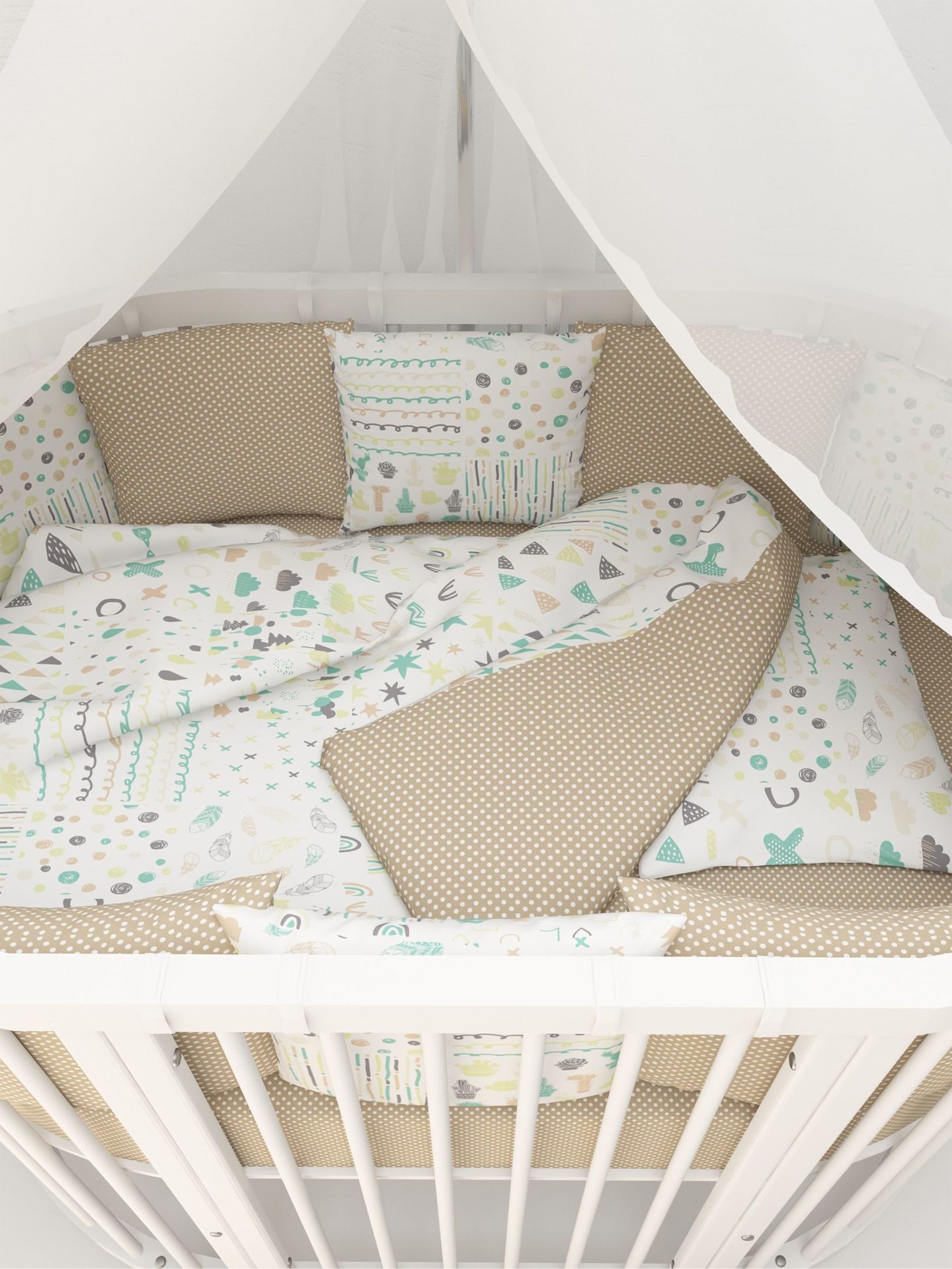 Комплект Premium в кроватку 18 предметов (6+12 подушек-бортиков) AmaroBaby Абстракция, белый/коричневый (перкаль) (1)